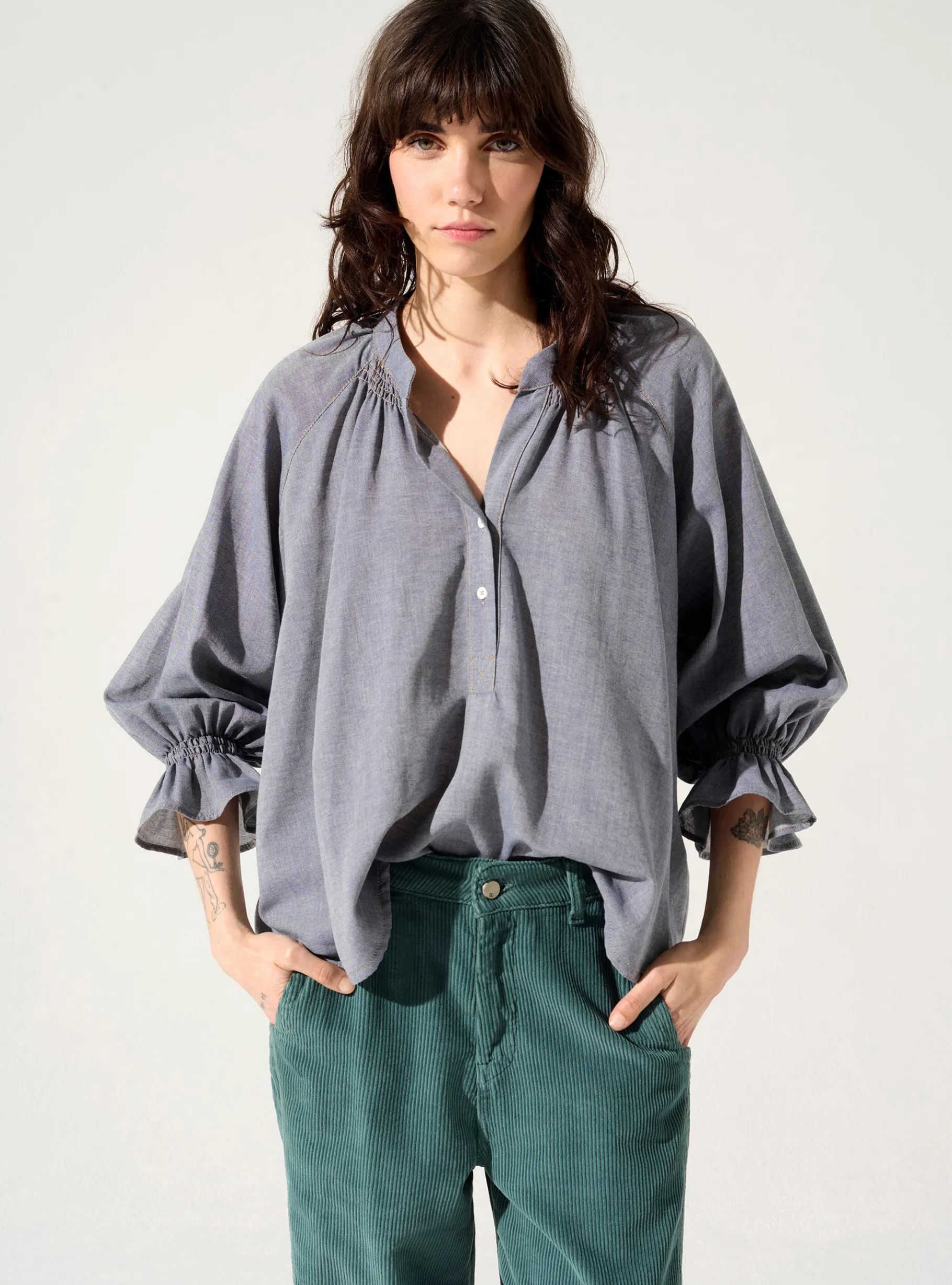 Cotélac Hauts*Blouse oversized Bleu Chambray